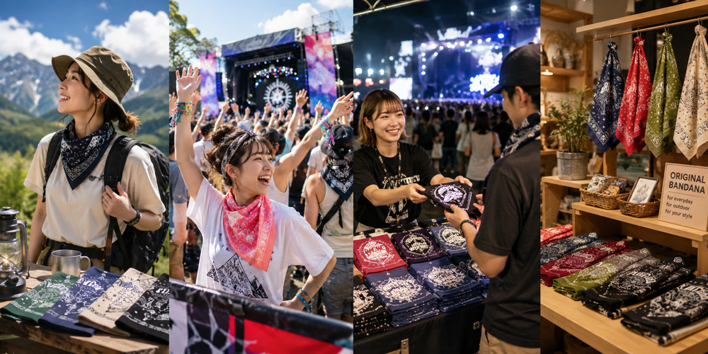 イベント、フェス、スポーツ、アニメなどのあらゆるシーンで使えるオリジナルバンダナ