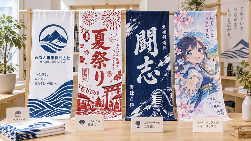 企業ノベルティの販促品やお祭り、イベントなど幅広く使えるのがオリジナル手ぬぐい