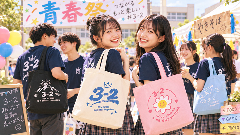 学校の文化祭、学園祭などにオリジナルTシャツと合わせてオリジナルキャンバス トートバッグ