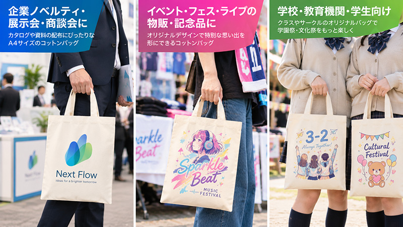 展示会、企業説明会、ライブ、学校などのシーンに使えるA4コットンバッグ