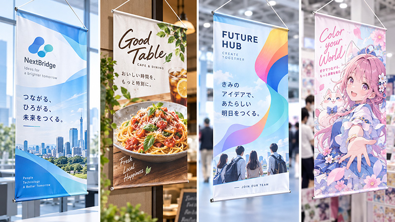 イベント会場や店舗の商品PRなどアピールができるオリジナルタペストリー