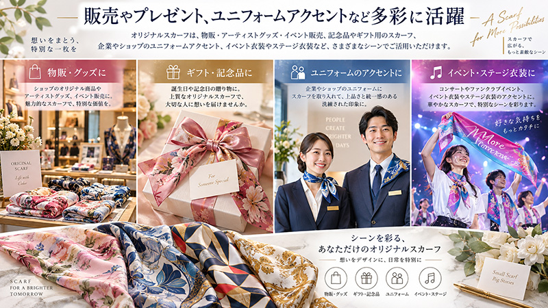 販売用やユニホームなどの様々なシーンで使えるオリジナルスカーフ