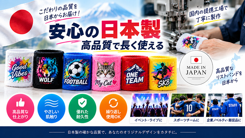 制作は日本でしているので長く使えるオリジナルリストバンド（フルカラープリント）