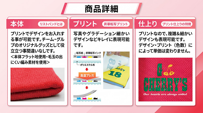 転写プリントなので綺麗にプリントができるオリジナルリストバンド